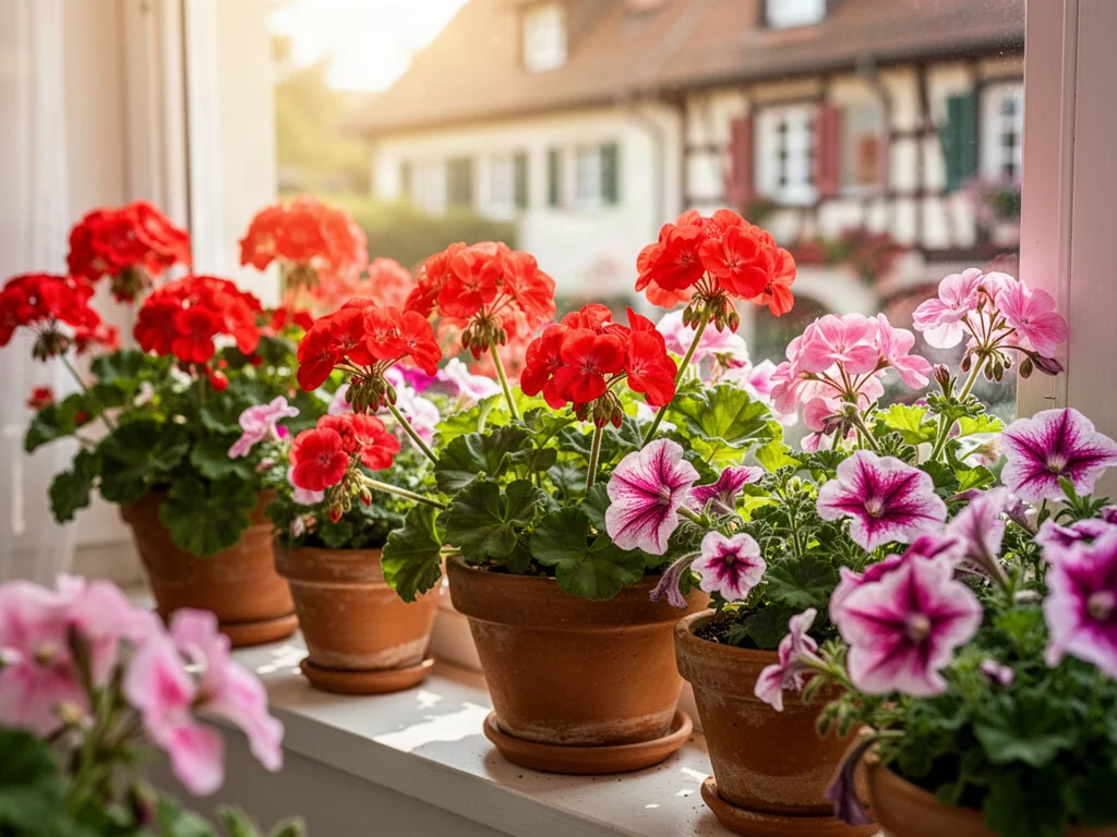 Pelargonie i petunie w terakotowych donicach na słonecznym parapecie zewnętrznym.